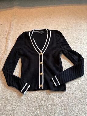 Express Black Ribbed Button-Front Cardigan with White Trim